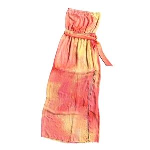 | Lush | Peachy Yellow Tie-Dye Breezy Sheer Tube Strapless High Slit Maxi Dress